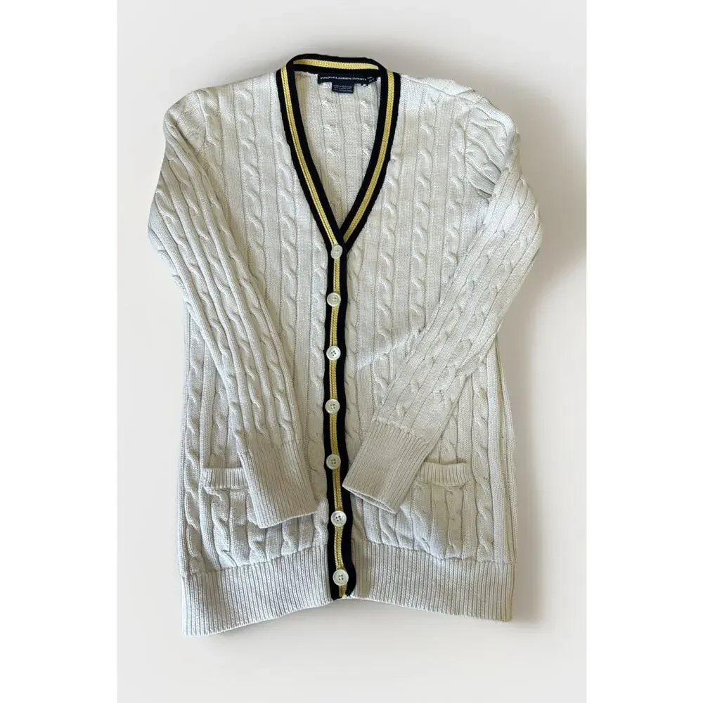 Vintage 90s Ralph Lauren Sport Cable Knit Striped Long Cardigan Sweater Cotton M - Picture 1 of 6